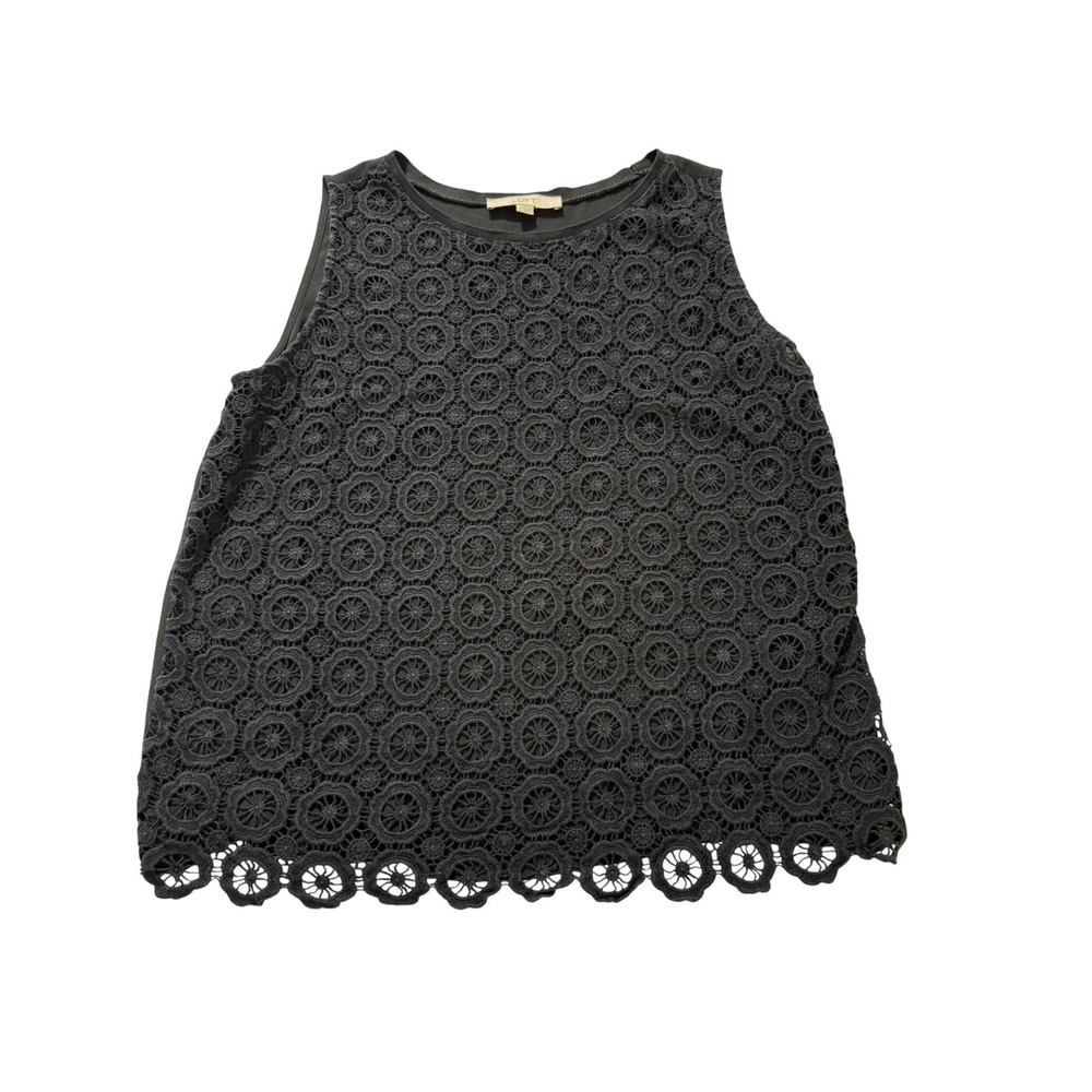 Loft Crochet Overlay Top Womens L Black Geometric Floral Scalloped Sleeveless